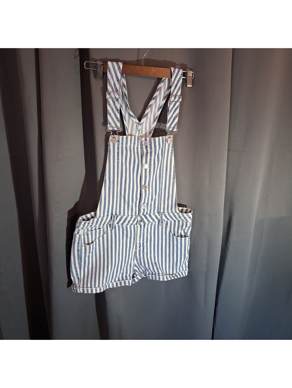 Garage Blue and White Striped Denim Short Overalls, Size M/L